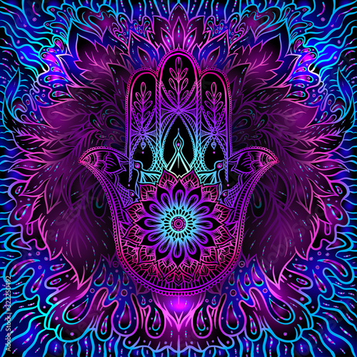 Seamless pattern with ornate hand drawn hamsa. Popular Arabic and Jewish amulet. Vector illustration. Vector illustration in neon, fluorescent colors.