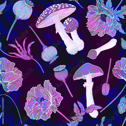 Seamless pattern, background with miraculous, hallucinogenic plants in botanical style in neon colors. Vector illustration