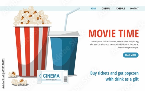 Cinema poster with popcorn bowl, drink and tickets isolated on white background