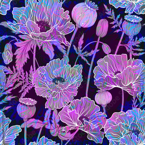 Seamless pattern, background with miraculous, hallucinogenic plants in botanical style in neon colors. Vector illustration