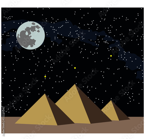 Night africa egypt desert landscape background illustration with moon, pyramids and stars