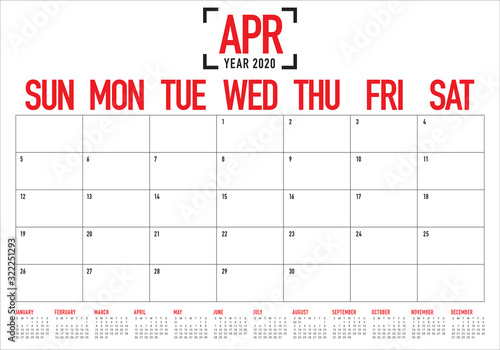 April 2020 desk calendar vector illustration