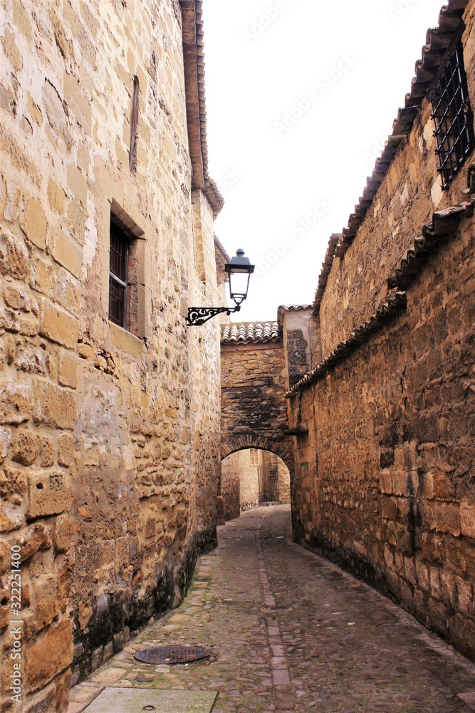Narrow street between old brick wall in Baeza, Jaen, Spain