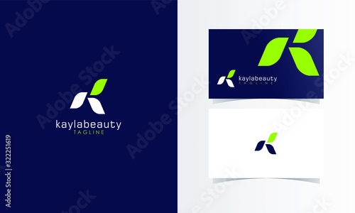 K Leaf Logo mark with business card template design for branding identity