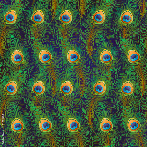 Peacock feathers Seamless pattern, background. Colored vector illustration on dark blue background