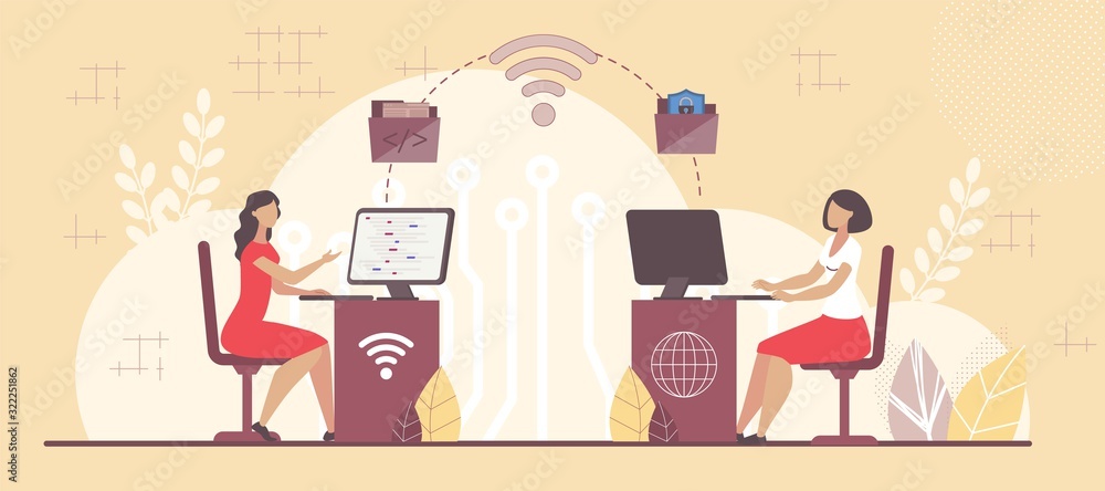 SaaS Infrastructure for Team Cooperation. Business Model. Woman Working on Computer via Internet, Sending Mail and Corporate Documents. Software Service. Cloud Computing Segment. Vector Illustration SaaS Infrastructure for Team Cooperation. Business Model. Woman Working on Computer via Internet, Sending Mail and Corporate Documents. Software Service. Cloud Computing Segment. Vector Illustration