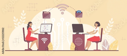 SaaS Infrastructure for Team Cooperation. Business Model. Woman Working on Computer via Internet, Sending Mail and Corporate Documents. Software Service. Cloud Computing Segment. Vector Illustration
