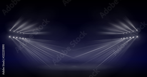 Scene illumination light, vector transparent flash light effect, sunlight special lens. Bright gold flashes and lighting with spotlights. Spot lighting of the stage.