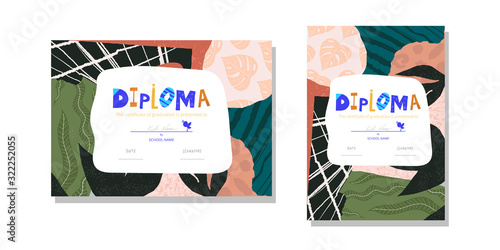 Horizontal and vertical Diploma template for kids. Modern colorful Vector illustration template certificate background with hand drawn letters of Preschool school, preschool or playschool. 