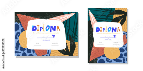 Horizontal and vertical Diploma template for kids. Modern colorful Vector illustration template certificate background with hand drawn letters of Preschool school, preschool or playschool. 