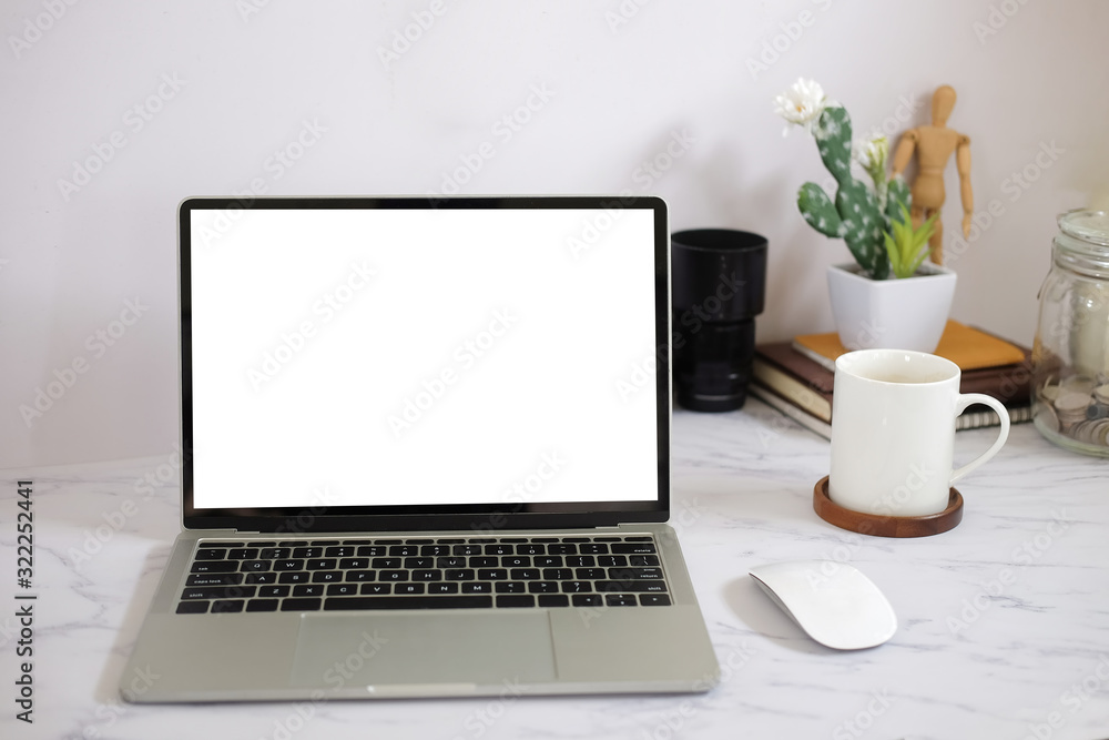 Workspace desk and laptop. copy space and blank screen. Business image, Blank screen laptop and supplies. Workspace desk and laptop. copy space and blank screen. Business image, Blank screen laptop and supplies.