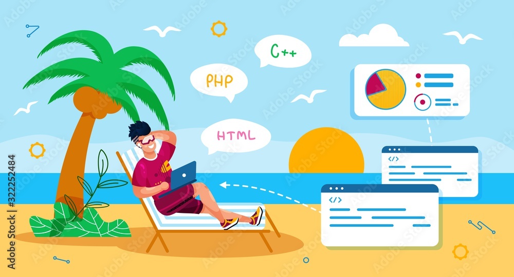 Distant Work in IT Industry Trendy Flat Vector Concept. Freelance Programmer, Software Developer Working on Beach, Using Laptop While Resting in Tropical Country, Relaxing at Seacoast Illustration Distant Work in IT Industry Trendy Flat Vector Concept. Freelance Programmer, Software Developer Working on Beach, Using Laptop While Resting in Tropical Country, Relaxing at Seacoast Illustration