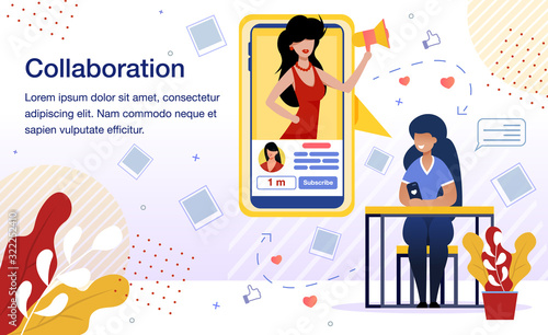 Beauty Bloggers Collaboration Banner, Poster Template. Popular Woman Blogger Supporting and Helping Beginner to Engage Audience, Increase The Number of Subscribers Trendy Flat Vector Illustration
