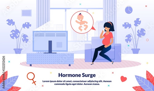 Hormone Surge During Pregnancy Trendy Flat Vector Banner, Poster Template. Pregnant Woman Crying Alone at Home, Future Mother Feeling Various Emotional States and Mood Often Changes Illustration