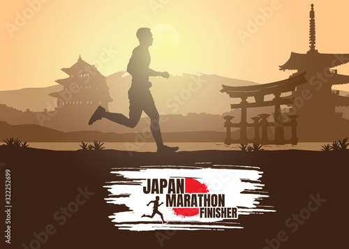 Running silhouettes. Vector illustration, Trail Running, Marathon runner, Japanese style.