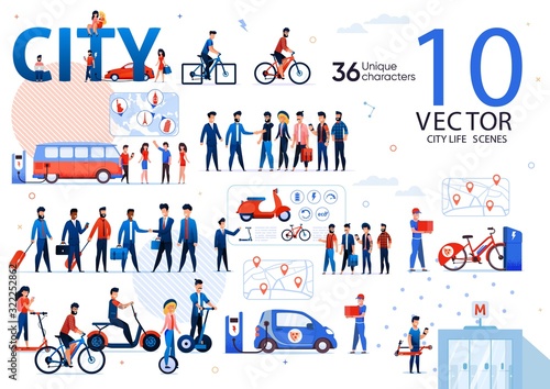 Businesspeople City Life Scenes, Ecological Urban Transport, Traveling People Trendy Flat Vectors Set. Handshaking Businessmen, Citizens Riding Scooter, Bicycle and Self-Balancing Wheel Illustrations