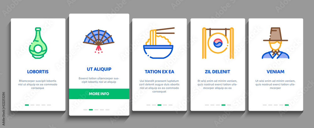 Korea Traditional Onboarding Mobile App Page Screen Vector. Korea Flag And Wearing, Food And Drink, Palace Building And Gong, Fan And Lantern Linear Pictograms. Color Contour Illustrations