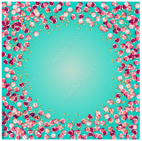 Turquoise square background with shiny pink sequins.