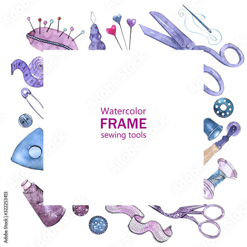 Watercolor frame with sewing accessories and attributes. Parts and tools for tailors