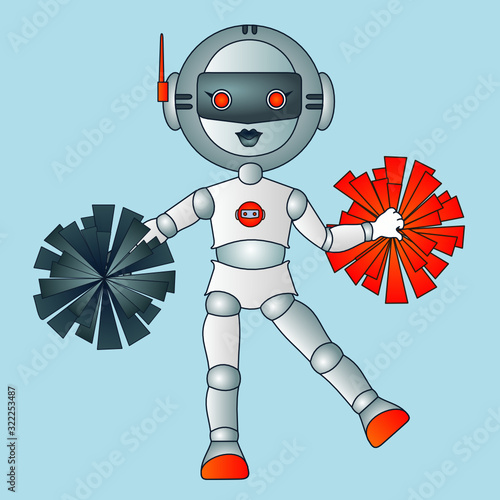 emoji with cheerful cheerleader robot girl cheering the sports team with her pom poms, hand drawn emoticon, cartoon character