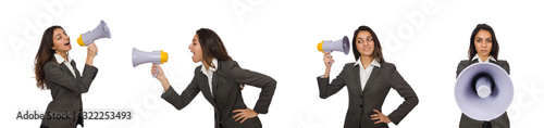 Woman with loudspeaker on white