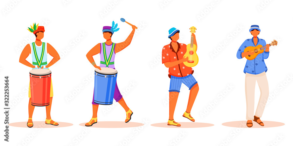 Brazil carnival musicians flat color vector faceless characters set. Latino men playing on traditional musical instruments. Standing males isolated cartoon illustrations on white background