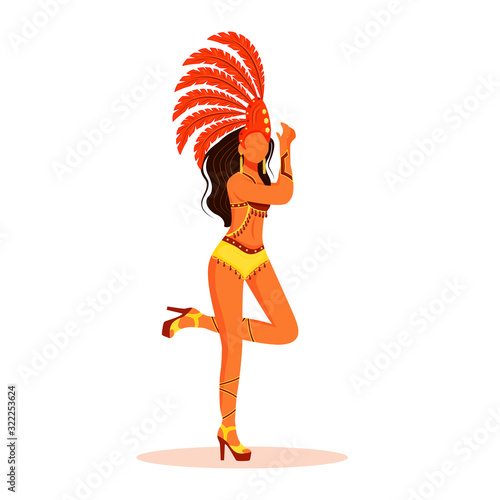 Brazil carnival performer flat color vector faceless character. Latino lady in bikini. Standing woman in red crown with plumage isolated cartoon illustration for web graphic design and animation