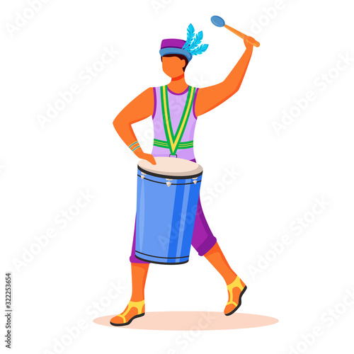 Brazil carnival drummer flat color vector faceless character. Latino man in singlet and hat. Samba. Guy playing on conga by drumstick isolated cartoon illustration for web graphic design and animation