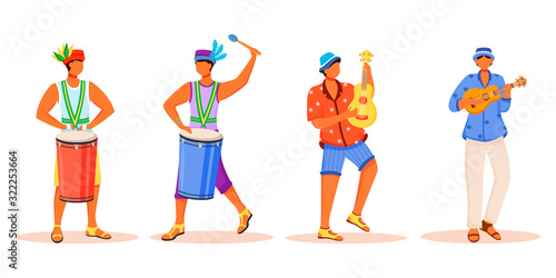 Brazil carnival musicians flat color vector faceless characters set. Latino men playing on traditional musical instruments. Standing males isolated cartoon illustrations on white background