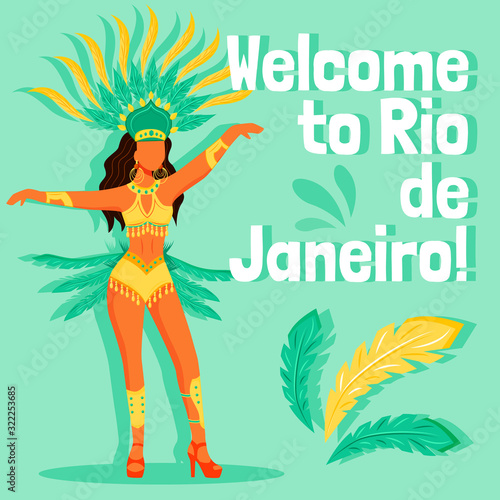 Brazil carnival social media post mockup. Welcome to Rio de Janeiro phrase. Web banner design template. Woman costume booster, content layout with inscription. Poster, print ads and flat illustration