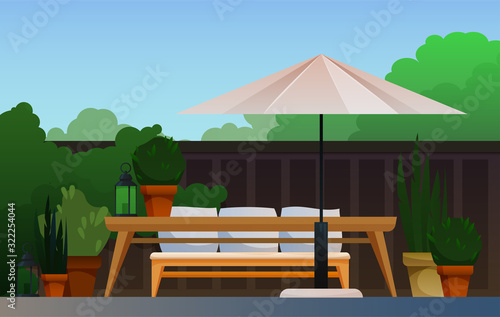 Summer terrace with garden view, greenery, fence, awning, bench, flower pots