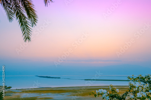 Fototapeta Naklejka Na Ścianę i Meble -  Dead sea salt shore at sunrise. Minimalist landscape. Nature background. Israel