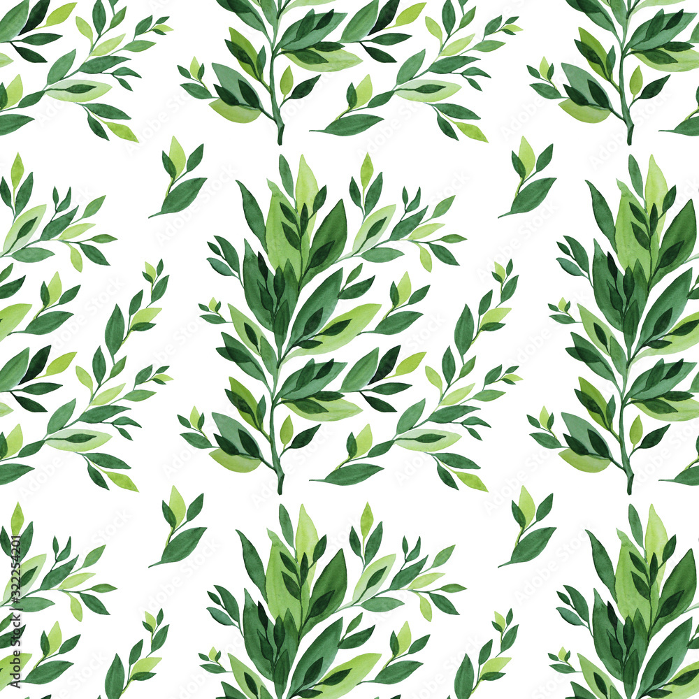 Seamless pattern with watercolor branches leaves art background