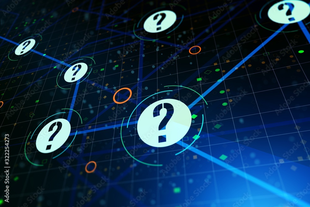 Obraz premium Abstract question marks on a blue background. 3D Rendering