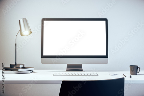 Desktop with computer, chair and lamp. Mockup. 3D Rendering