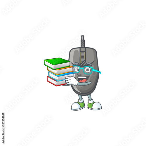 A brainy clever cartoon character of black mouse studying with some books
