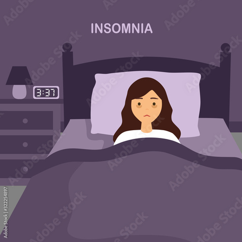 Sleepless woman suffering from insomnia. Lady with open eyes in darkness night lying on bed concept vector illustration. Woman try to sleep under blanket.