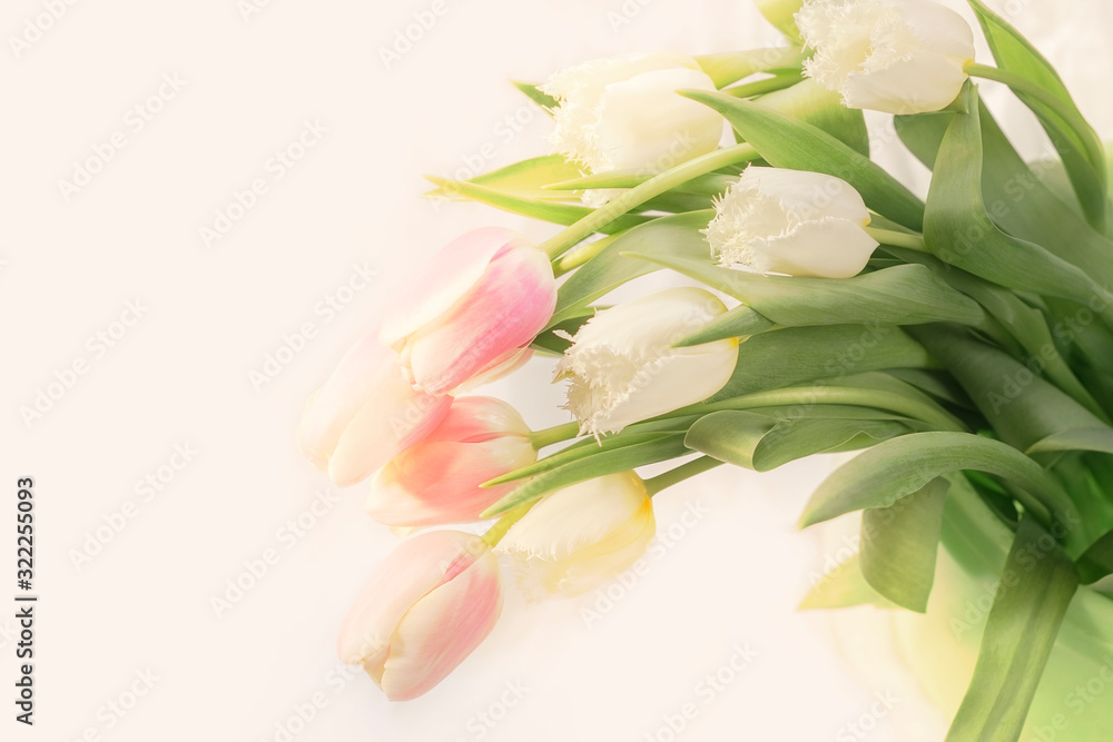 airy bouquet of delicate pink and white tulips for congratulations