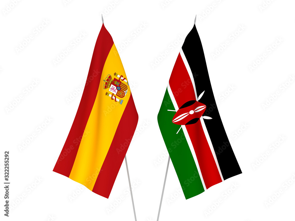 National fabric flags of Spain and Kenya isolated on white background. 3d rendering illustration.