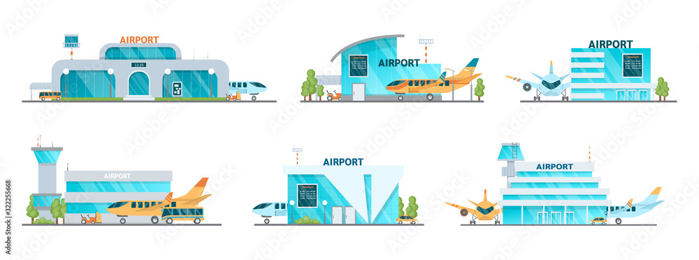 Obraz premium Airport building and airplanes, taxi, car, loader.