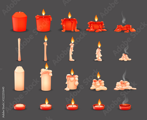 Burning candles flame set. Cartoon burning wax candles on the different stages of burning from a whole candle to a cinder vector illustration