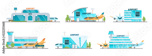 Airport building and airplanes, taxi, car, loader.