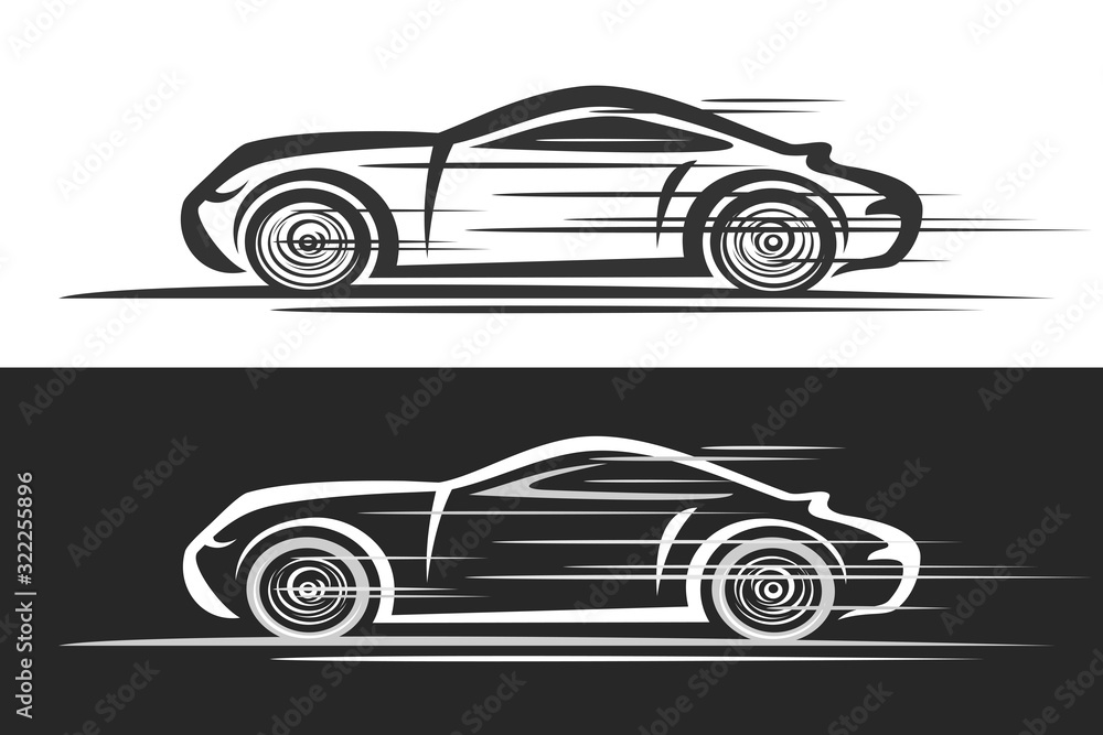 Fototapeta Wektor logo dla samochodu sportowego, poziome banery samochodowe z konturową ilustracją sportowego coupe w ruchu, koncepcja samochodu czarno-białego sztuki.