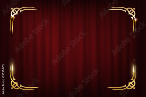 Vintage golden border isolated on red curtain background. Vector retro design element.