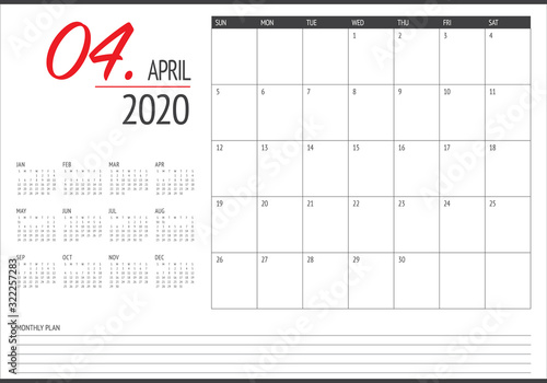 April 2020 desk calendar vector illustration