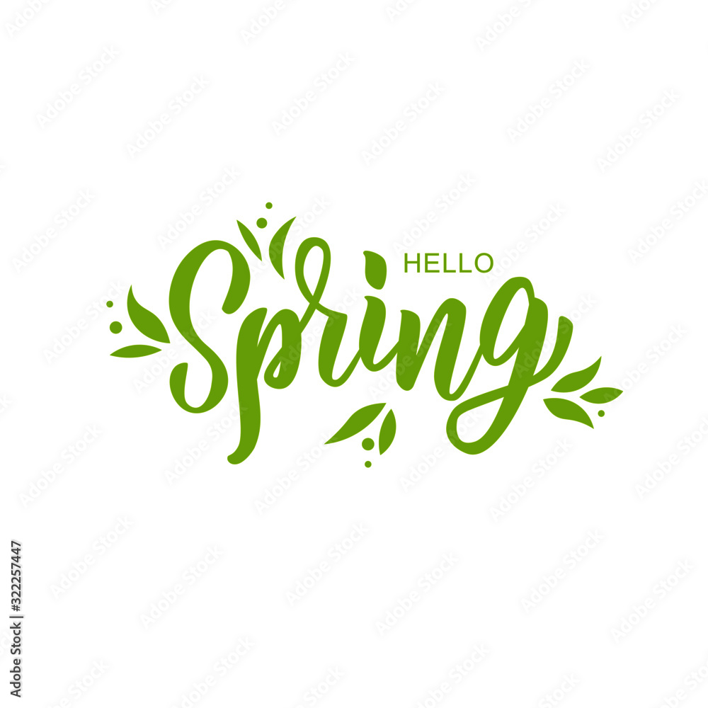 Hello spring hand lettering text as logotype, badge and icon, postcard, card, invitation, banner template. Special spring sale typography poster. Vector illustration. <span>plik: #322257447 | autor: Дарья Михайлова</span>