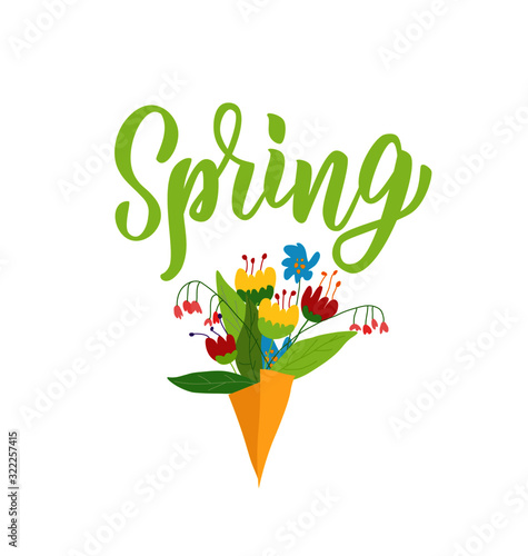 Hello spring hand lettering text as logotype, badge and icon, postcard, card, invitation, banner template. Special spring sale typography poster. Vector illustration.
