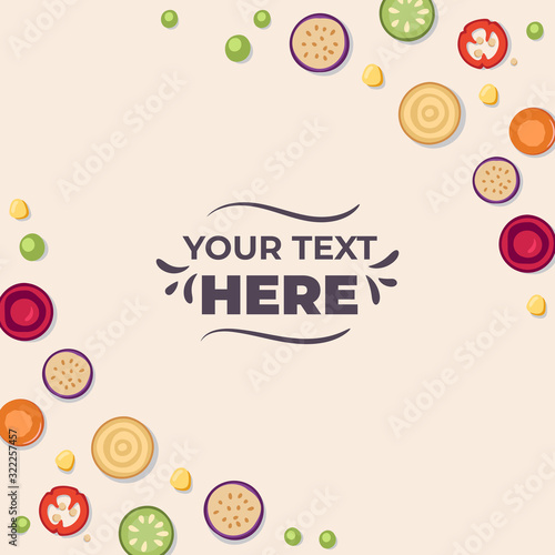 Square banner template with vegetable pieces on the corners. Vector illustration.