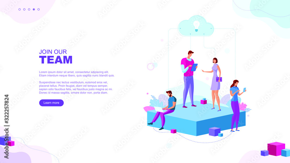 Trendy flat illustration. Join our team page concept. Teamwork. Office workers planing business mechanism, analyze strategy and exchange ideas. Template for your design works. Vector graphics.
