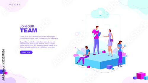 Trendy flat illustration. Join our team page concept. Teamwork. Office workers planing business mechanism, analyze strategy and exchange ideas. Template for your design works. Vector graphics. © Oleksandr